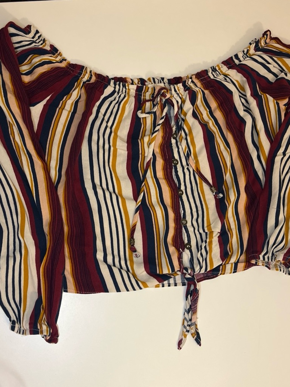 Rewind Striped Off-Shoulder Tie-Front Crop Top - Burgundy/Navy/Mustard/White